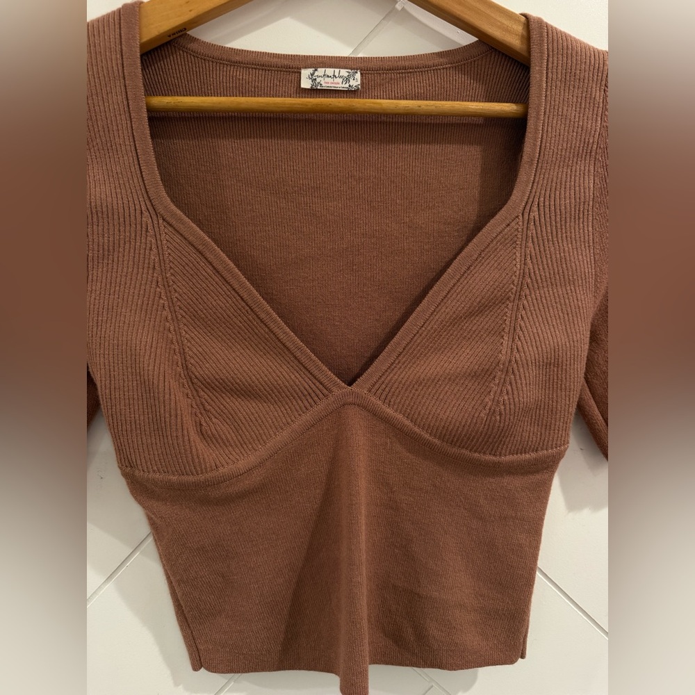 FREE PEOPLE Teagan Swit Short sleeve sweater shirts in Latte Sz S NWOT - Picture 6 of 9